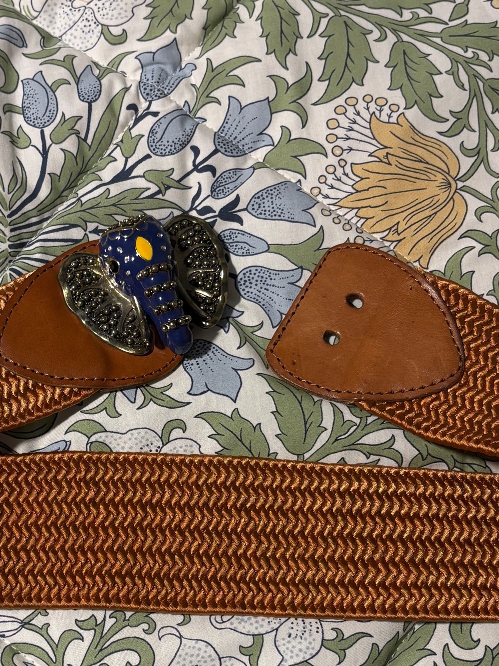 Anthropologie Tan Braided Stretch Belt with Gold Tone Metal Elephant Buckle S